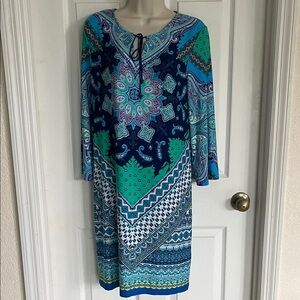 Studio One Vibrant Blue and Green Long Sleeve Dress